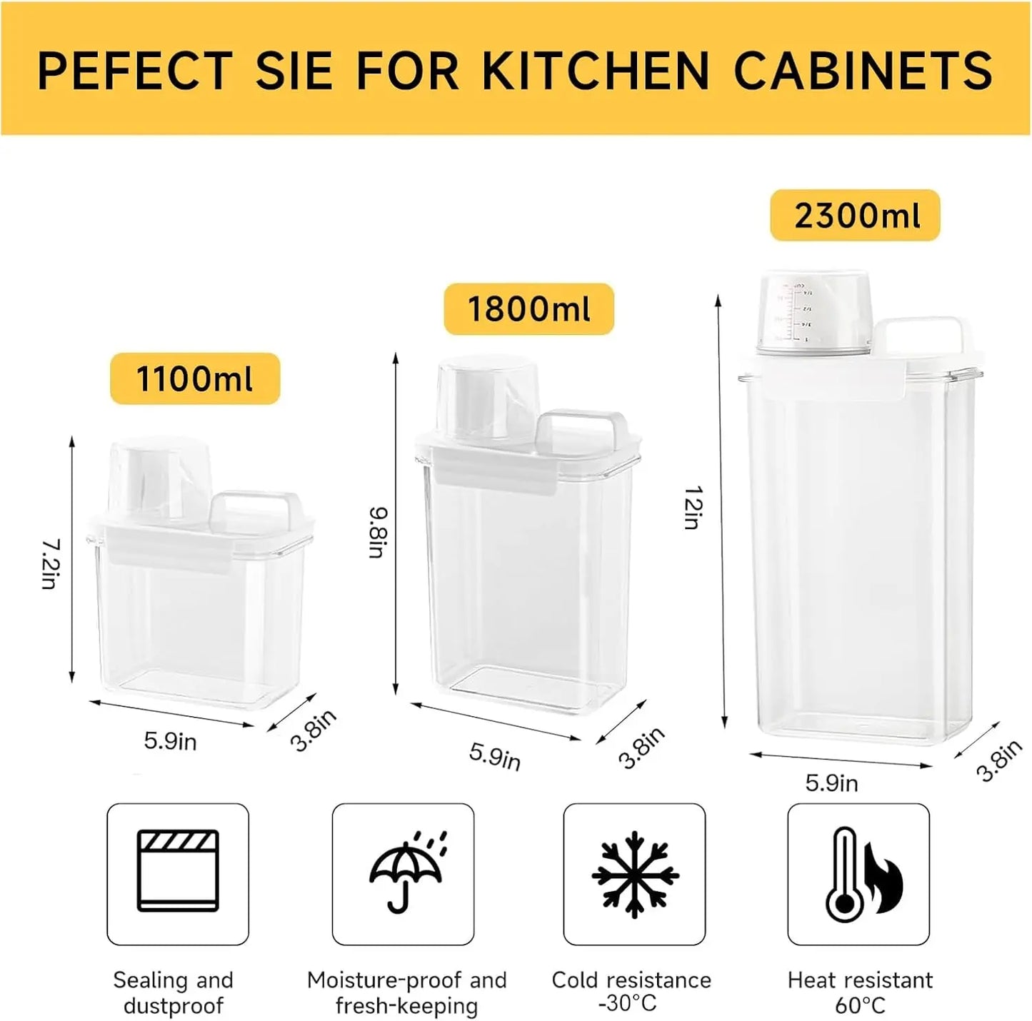 Airtight Reusable Cereal Storage Container Set with Kitchen Organizers (2 Pieces: 2300ml and 1100ml)