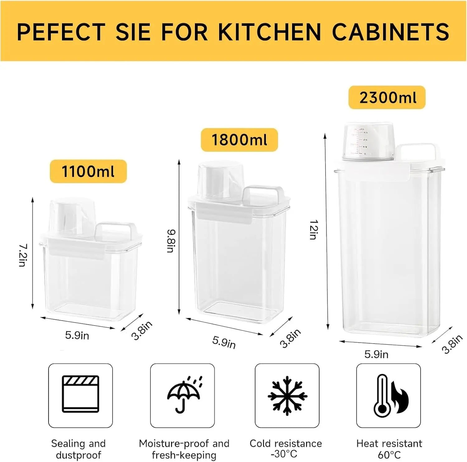 Airtight Reusable Cereal Storage Container Set with Kitchen Organizers (2 Pieces: 2300ml and 1100ml)