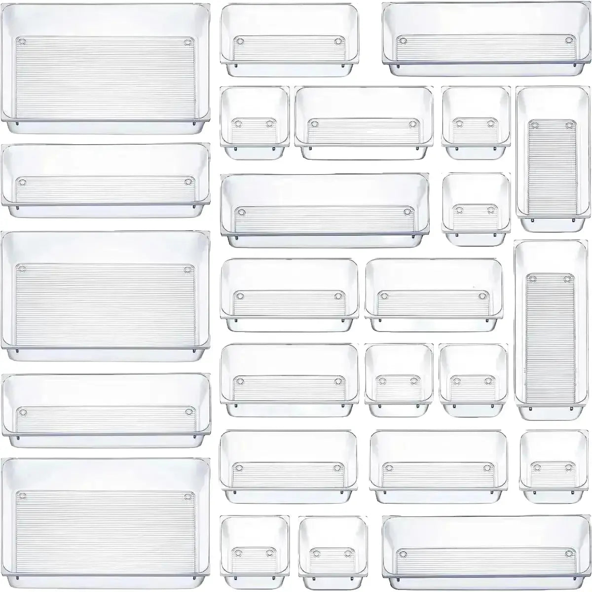 25-Piece Clear Plastic Drawer Organizer Set with Multi-Purpose Trays for Bathroom, Vanity, Kitchen, Closets, and More