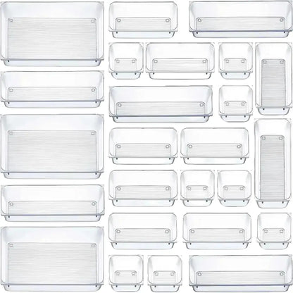 25-Piece Clear Plastic Drawer Organizer Set with Multi-Purpose Trays for Bathroom, Vanity, Kitchen, Closets, and More