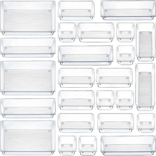 25-Piece Clear Plastic Drawer Organizer Set with Multi-Purpose Trays for Bathroom, Vanity, Kitchen, Closets, and More
