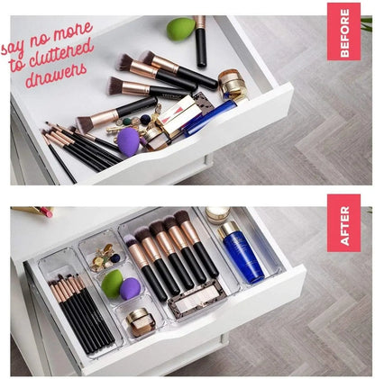 25-Piece Clear Plastic Drawer Organizer Set with Multi-Purpose Trays for Bathroom, Vanity, Kitchen, Closets, and More
