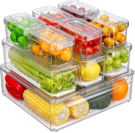 BPA-Free Stackable Refrigerator Organizer Bins with Lids - 10-Pack Clear Storage Solutions for Food, Beverages, and Vegetables