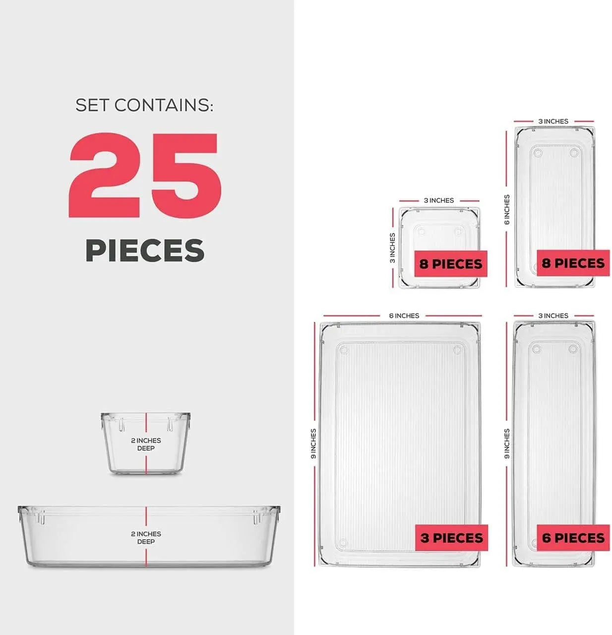 25-Piece Clear Plastic Drawer Organizer Set with Multi-Purpose Trays for Bathroom, Vanity, Kitchen, Closets, and More