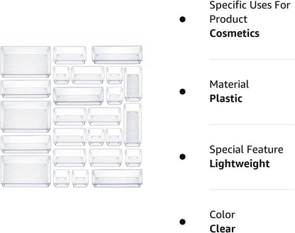 25-Piece Clear Plastic Drawer Organizer Set with Multi-Purpose Trays for Bathroom, Vanity, Kitchen, Closets, and More